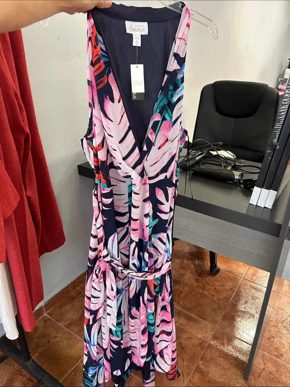 Simply Emma Navy Maxi Dress with Pink, Teal and Coral Leaf Print